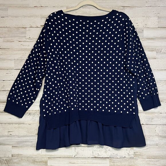 Chaps Sweater Women's 2X Blue White Polka Dot 3/4 Sleeve Ribbed Trim Crew Neck - Picture 3 of 7
